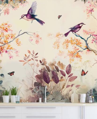 paars en oranje bosbehang met vogels voor de slaapkamer