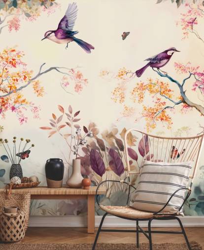 papier peint forêt violet et orange avec oiseaux pour chambre