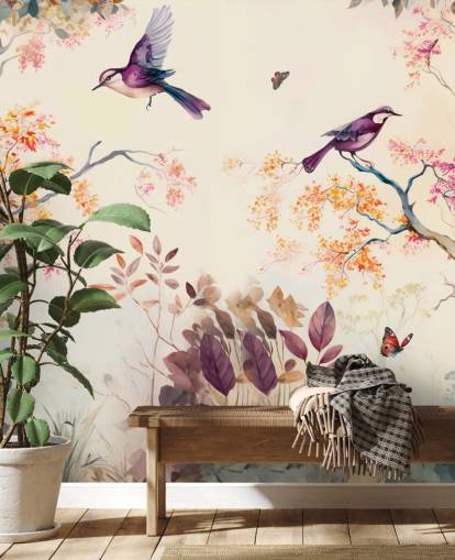 paars en oranje bosbehang met vogels voor de slaapkamer paars en oranje bosbehang met vogels voor de slaapkamer