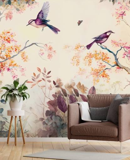 papel pintado de bosque morado y naranja con pájaros para dormitorio