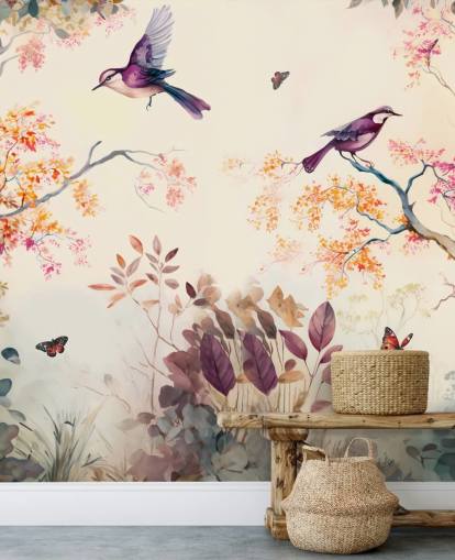 paars en oranje bosbehang met vogels voor de slaapkamer