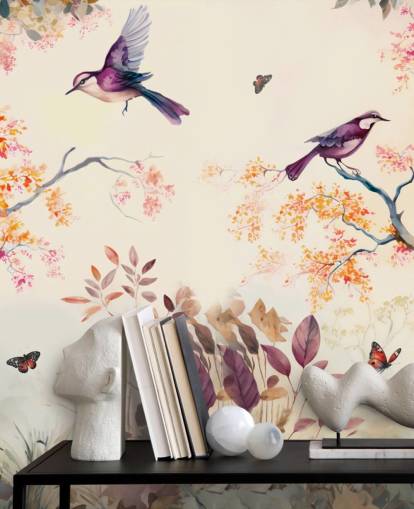 purple and orange forest wallpaper with birds for bedroom