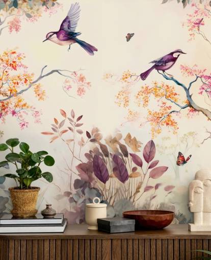 papel de parede de floresta roxa e laranja com pássaros para quarto