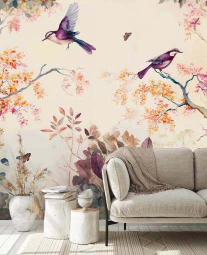 papel de parede de floresta roxa e laranja com pássaros para quarto