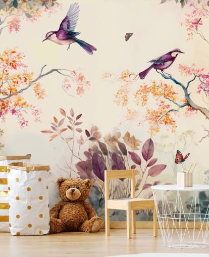 lila und orange Waldtapete mit Vögel für Schlafzimmer
