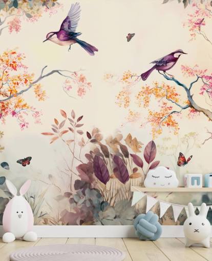 purple and orange forest wallpaper with birds for bedroom