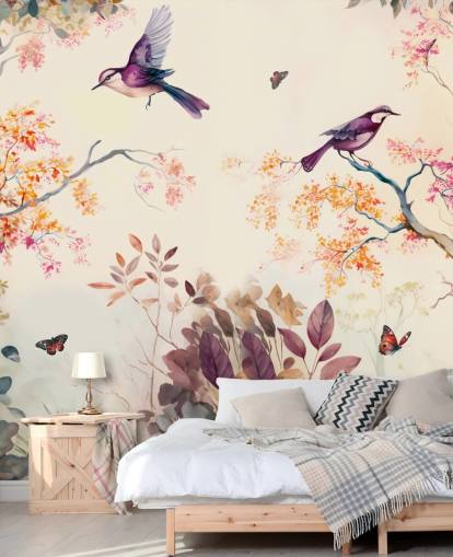 purple and orange forest wallpaper with birds for bedroom purple and orange forest wallpaper with birds for bedroom