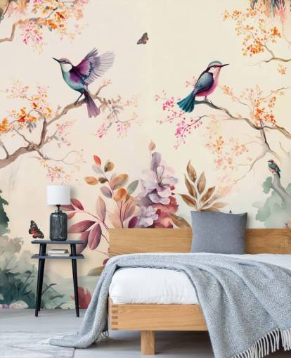 carta da parati murale orientale colorata con uccelli