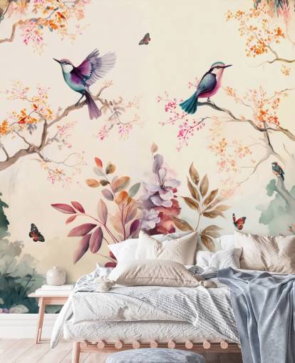 colourful oriental wallpaper mural with birds