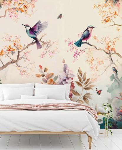 mural de papel de parede oriental colorido com pássaros