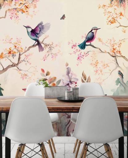 mural de papel de parede oriental colorido com pássaros