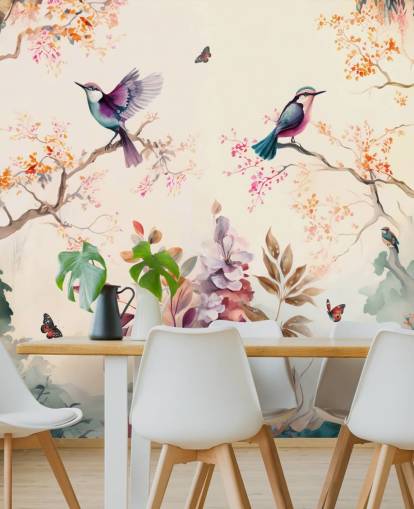 kleurrijke oosterse behangmuurschildering met vogels