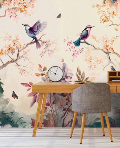colourful oriental wallpaper mural with birds colourful oriental wallpaper mural with birds