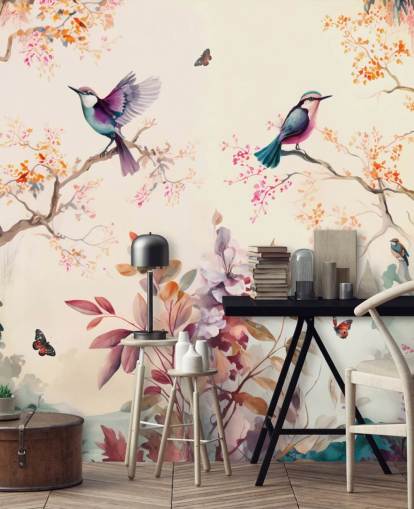 colourful oriental wallpaper mural with birds