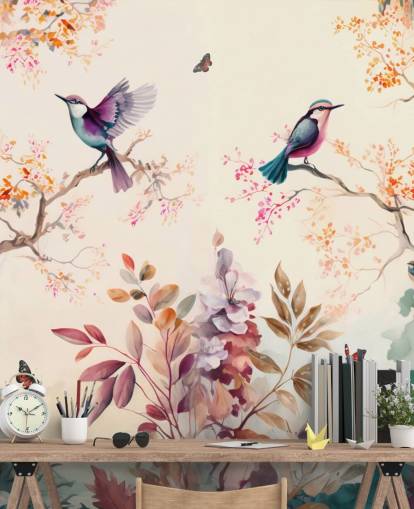 mural de papel pintado oriental colorido con pájaros