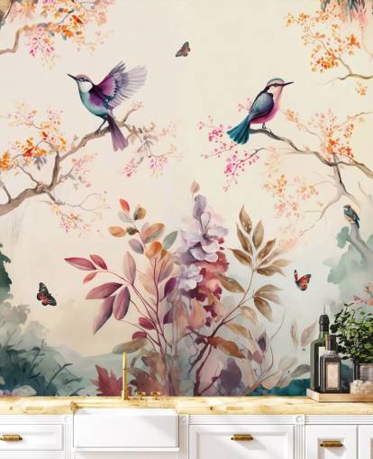 papier peint oriental coloré avec des oiseaux papier peint oriental coloré avec des oiseaux