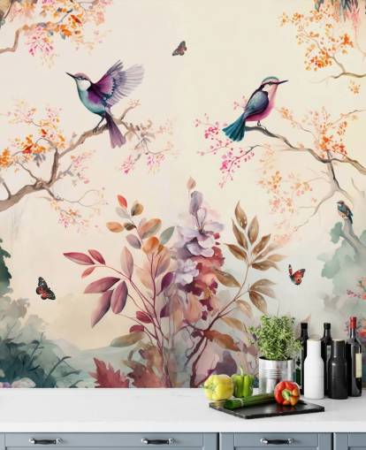 carta da parati murale orientale colorata con uccelli