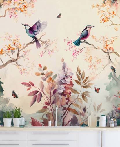 mural de papel pintado oriental colorido con pájaros