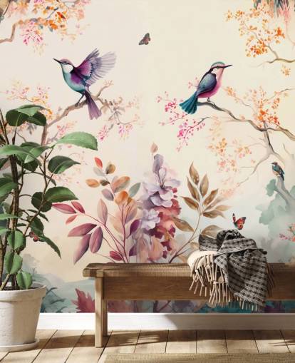 mural de papel pintado oriental colorido con pájaros