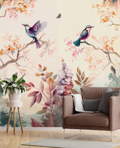 mural de papel de parede oriental colorido com pássaros mural de papel de parede oriental colorido com pássaros