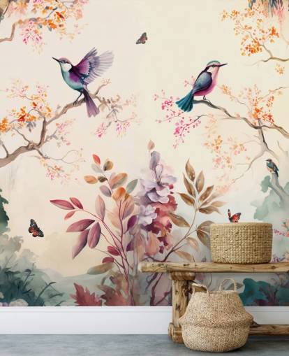 papier peint oriental coloré avec des oiseaux papier peint oriental coloré avec des oiseaux