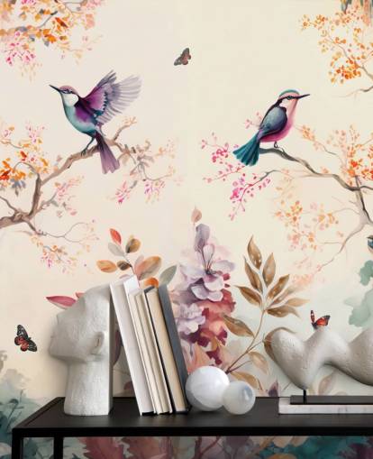 mural de papel pintado oriental colorido con pájaros mural de papel pintado oriental colorido con pájaros