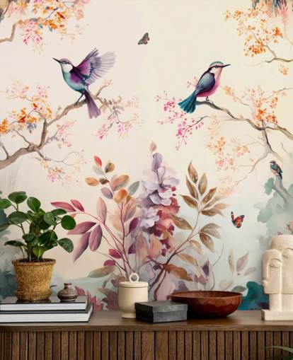 colourful oriental wallpaper mural with birds colourful oriental wallpaper mural with birds
