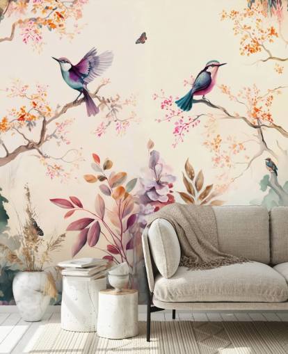 carta da parati murale orientale colorata con uccelli