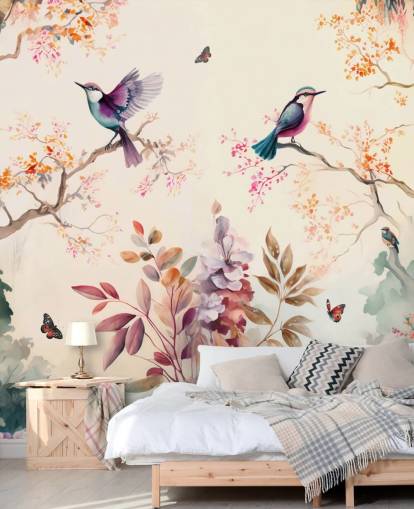colorful oriental wallpaper mural with birds