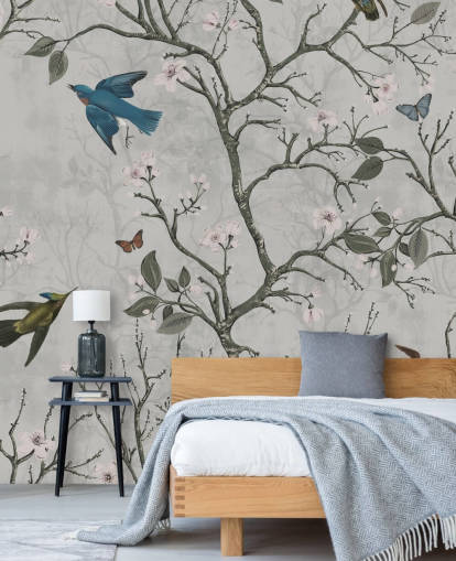 papier peint mural forêt claire avec oiseaux pour chambre