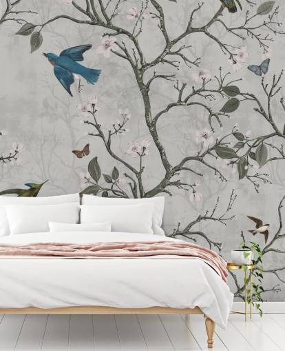 mural de papel pintado de bosque claro con pájaros para dormitorio