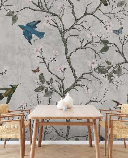 light forest wallpaper mural with birds for bedroom