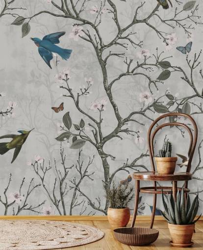 mural de papel de parede de floresta clara com pássaros para quarto