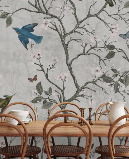 papier peint mural forêt claire avec oiseaux pour chambre