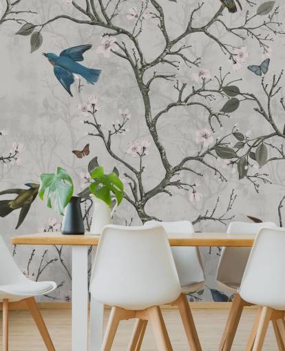 lichte bosbehangmuurschildering met vogels voor de slaapkamer