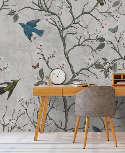 mural de papel de parede de floresta clara com pássaros para quarto