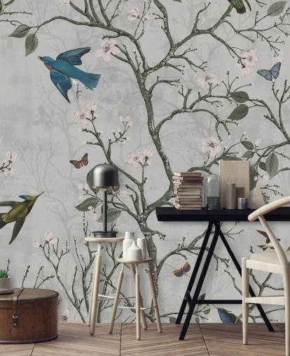 lichte bosbehangmuurschildering met vogels voor de slaapkamer