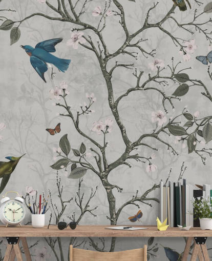 mural de papel de parede de floresta clara com pássaros para quarto