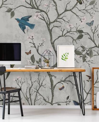 mural de papel de parede de floresta clara com pássaros para quarto