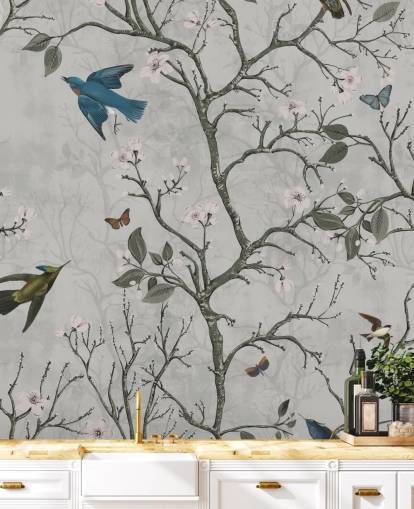 papier peint mural forêt claire avec oiseaux pour chambre