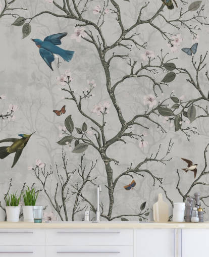mural de papel de parede de floresta clara com pássaros para quarto