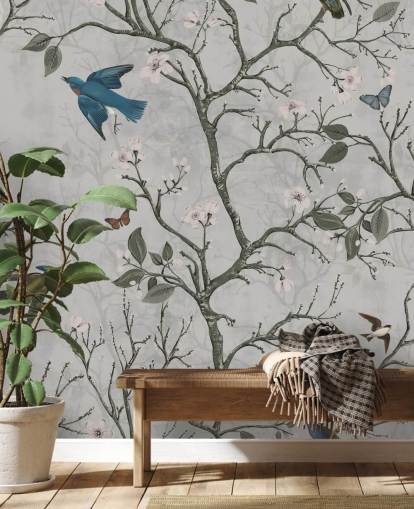 lichte bosbehangmuurschildering met vogels voor de slaapkamer lichte bosbehangmuurschildering met vogels voor de slaapkamer