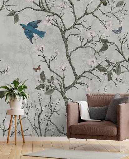 light forest wallpaper mural with birds for bedroom