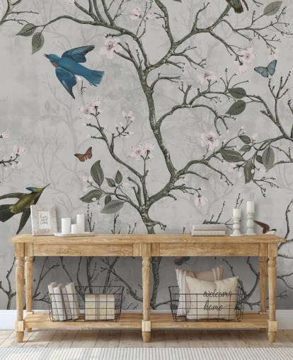 mural de papel de parede de floresta clara com pássaros para quarto