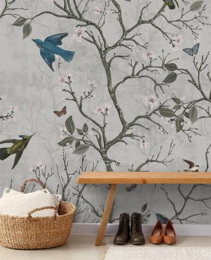 light forest wallpaper mural with birds for bedroom