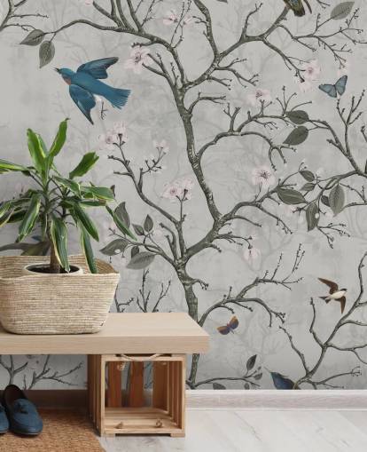 lichte bosbehangmuurschildering met vogels voor de slaapkamer