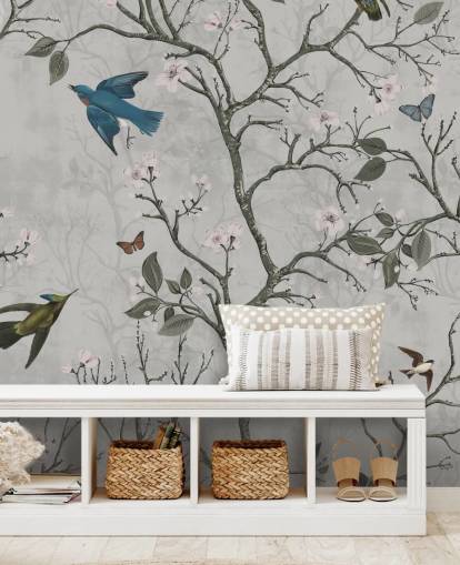 mural de papel de parede de floresta clara com pássaros para quarto