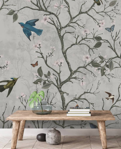 lichte bosbehangmuurschildering met vogels voor de slaapkamer lichte bosbehangmuurschildering met vogels voor de slaapkamer