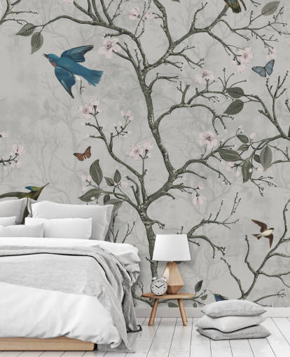 helle Waldtapete mit Vögel für Schlafzimmer