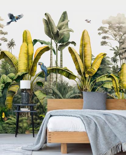 green and yellow jungle wallpaper mural with birds